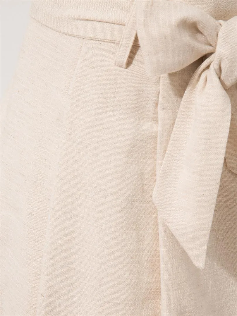 High Waist Tire-Cut Pants with Waist Belt - Beige