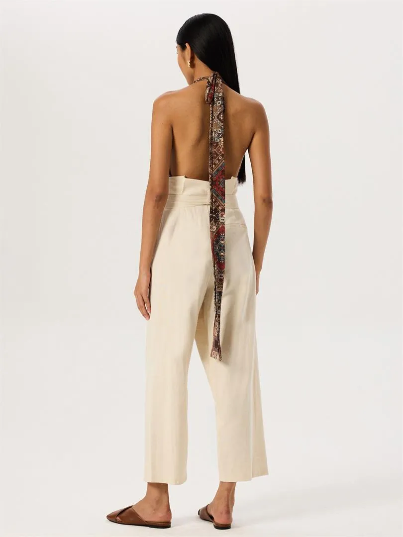 High Waist Tire-Cut Pants with Waist Belt - Beige