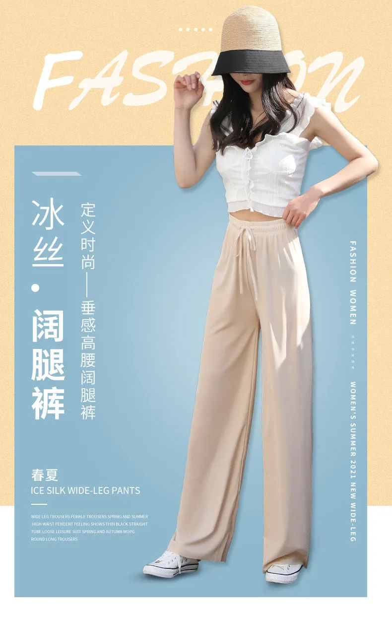 Ice Silk Wide Leg Pants Women Summer High Waist Loose Slim Look Thin Drape Casual Floor Length Ankle-Length Pants