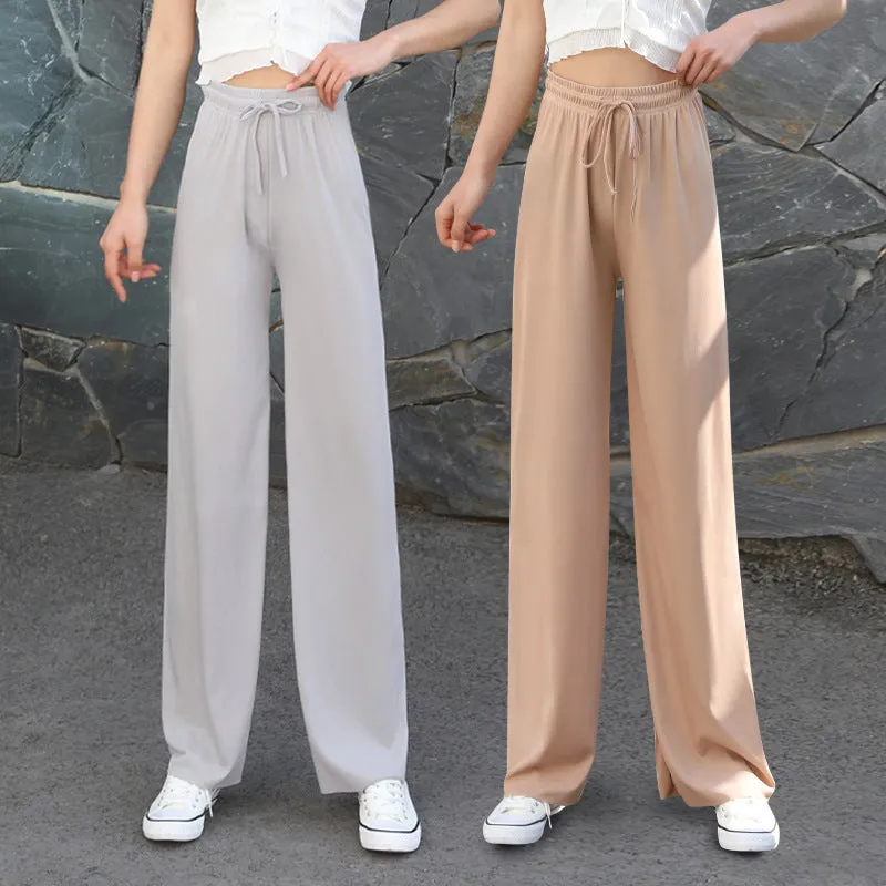 Ice Silk Wide Leg Pants Women Summer High Waist Loose Slim Look Thin Drape Casual Floor Length Ankle-Length Pants