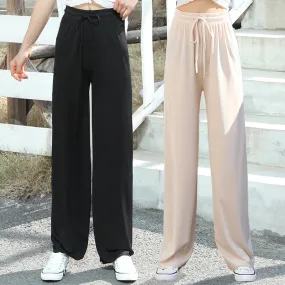 Ice Silk Wide Leg Pants Women Summer High Waist Loose Slim Look Thin Drape Casual Floor Length Ankle-Length Pants