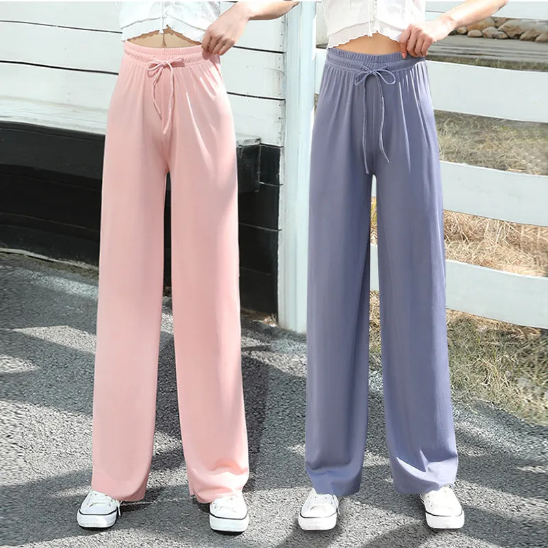 Ice Silk Wide Leg Pants Women Summer High Waist Loose Slim Look Thin Drape Casual Floor Length Ankle-Length Pants
