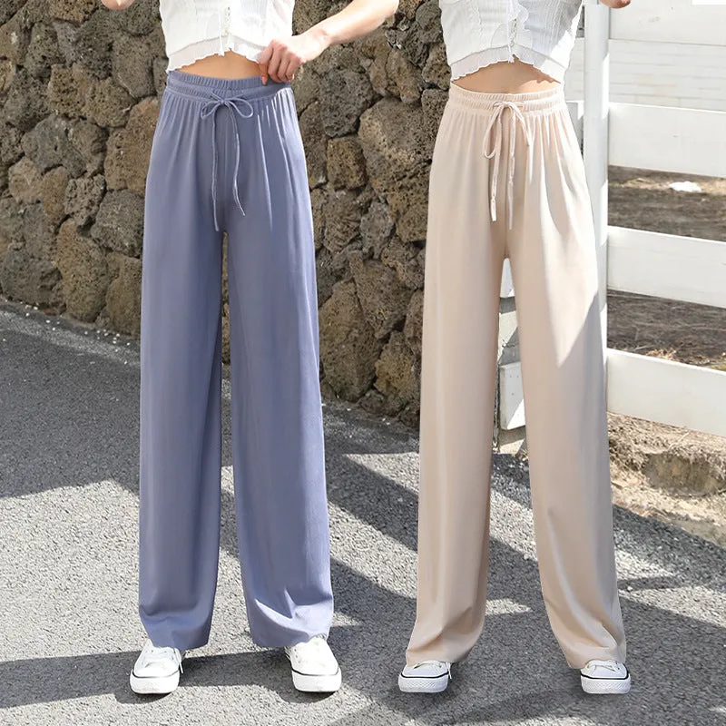 Ice Silk Wide Leg Pants Women Summer High Waist Loose Slim Look Thin Drape Casual Floor Length Ankle-Length Pants