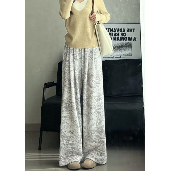 Ink Painting Print High Rise Elastic Waist Wide Leg Sweatpants