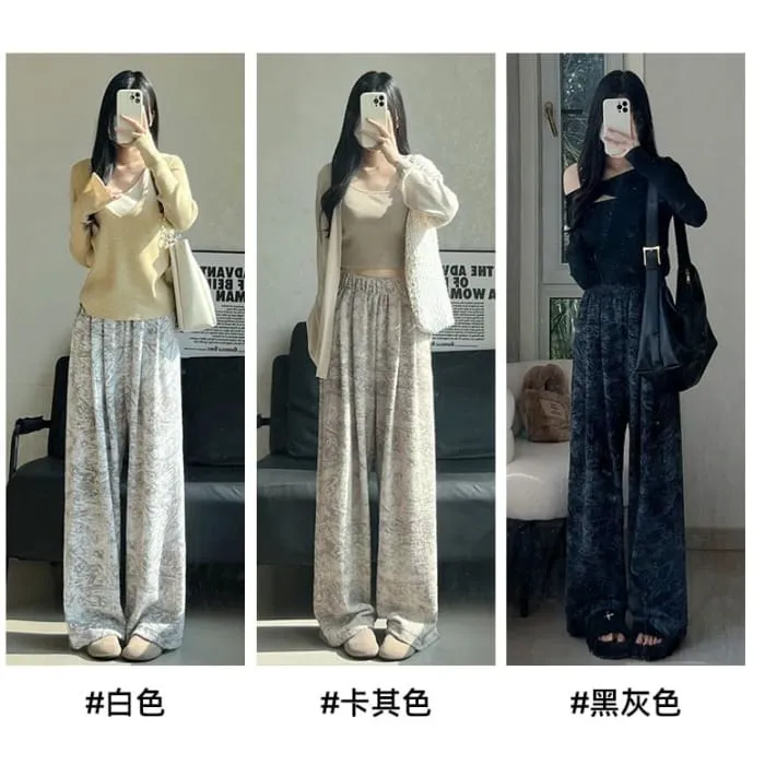 Ink Painting Print High Rise Elastic Waist Wide Leg Sweatpants