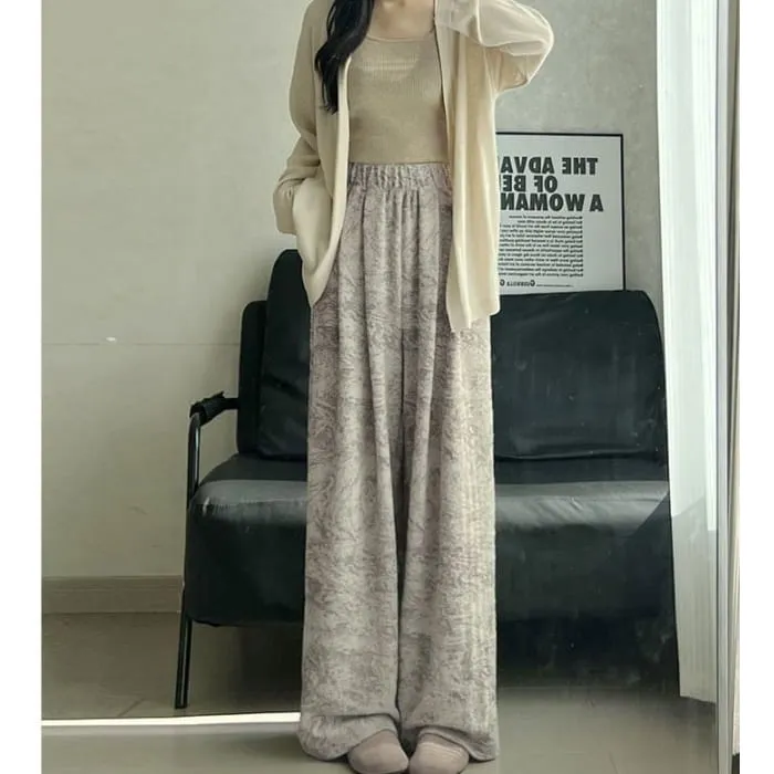 Ink Painting Print High Rise Elastic Waist Wide Leg Sweatpants