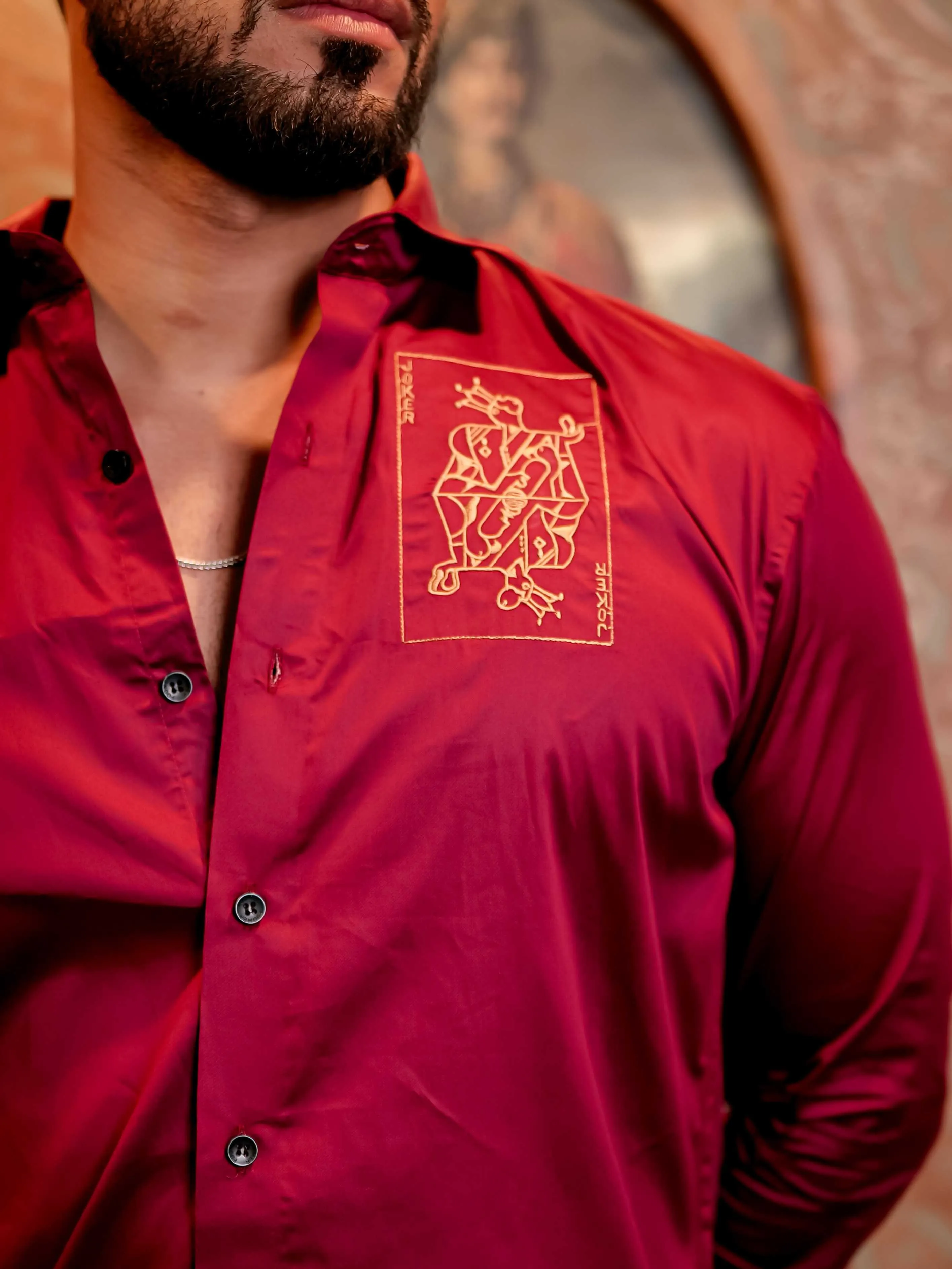 Joker Maroon Embroidered Club Wear Satin Cotton Shirt