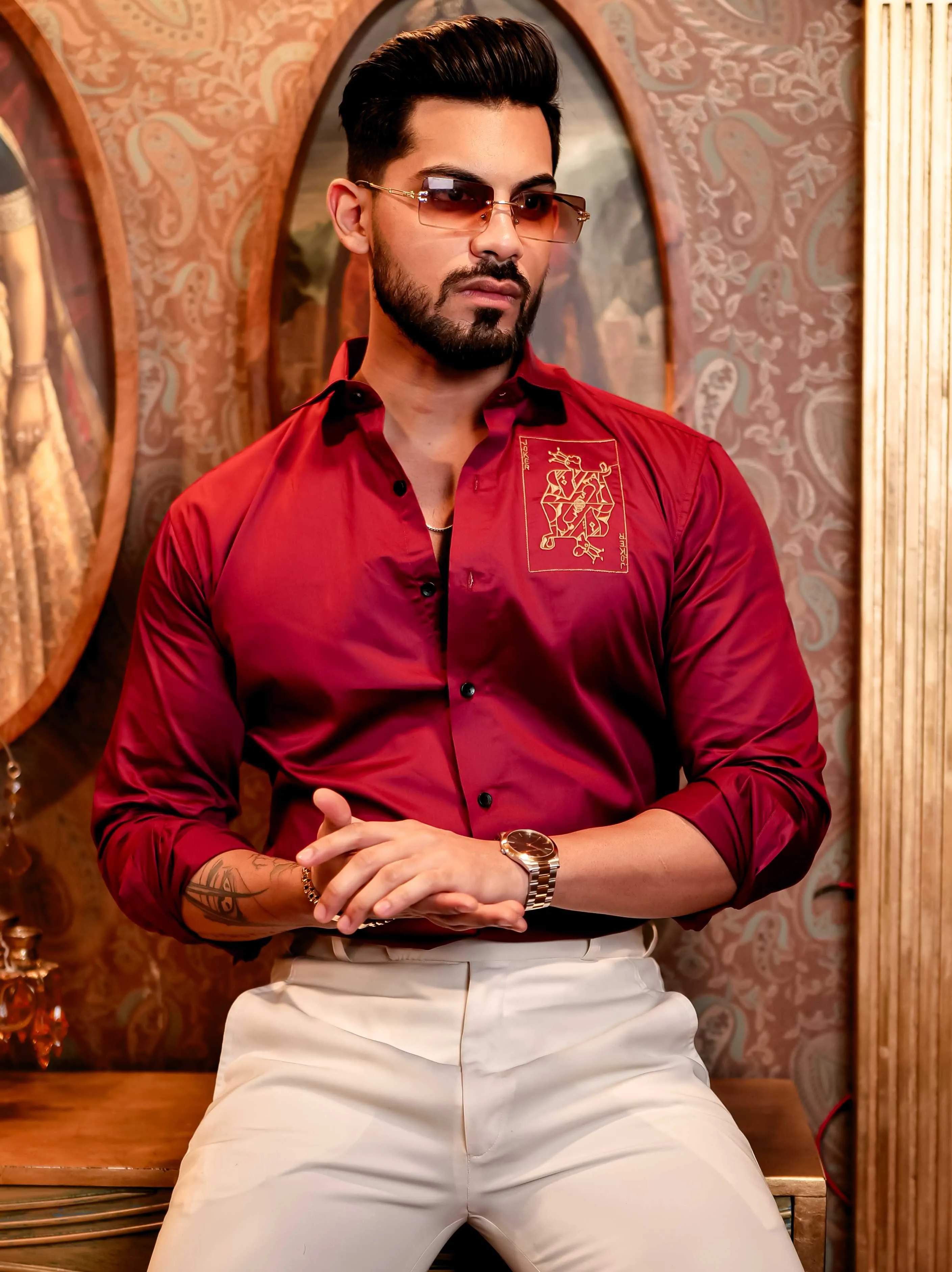 Joker Maroon Embroidered Club Wear Satin Cotton Shirt