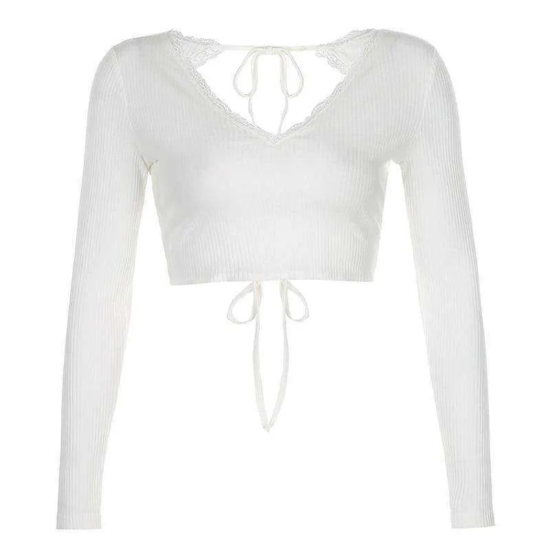 Knitted Women's Longslive V Neck White T-Shirts