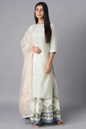 Light Green Embroidered kurta-Culottes-Organza Dupatta Set