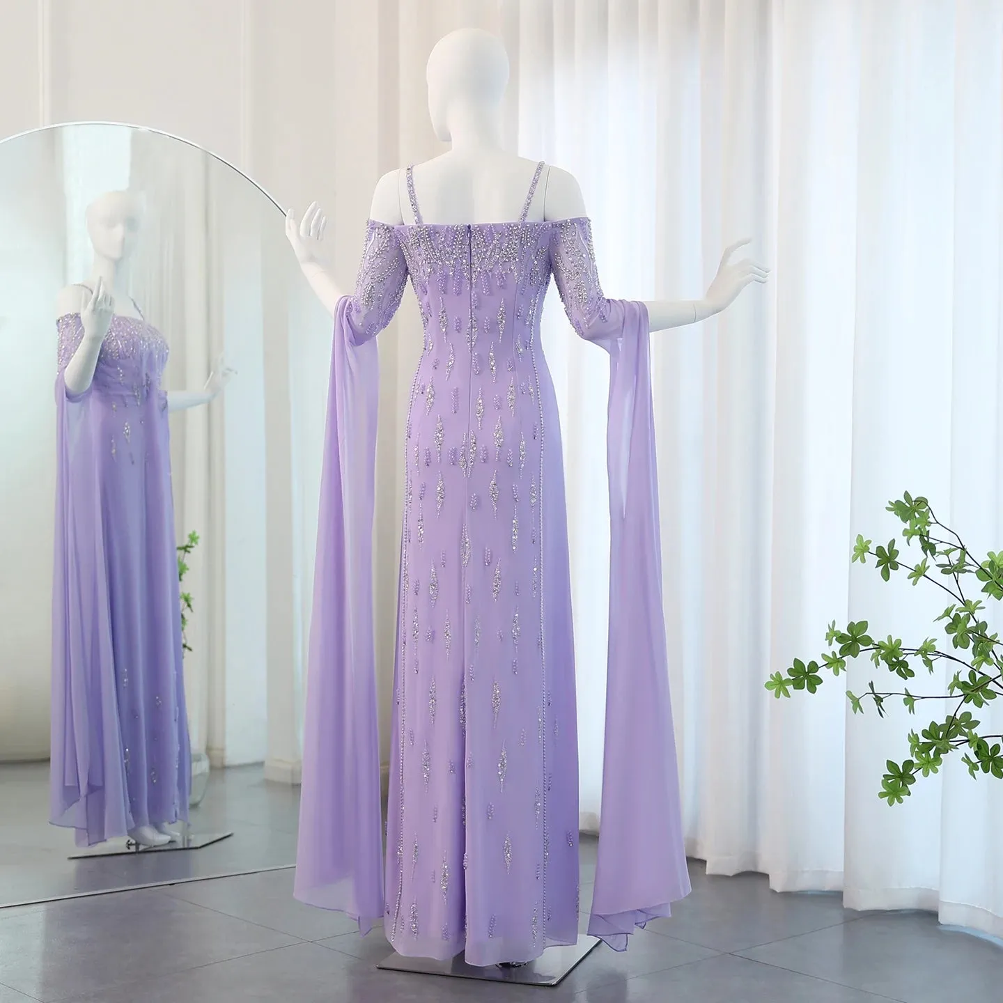 Lilac Mermaid Evening Gown with Cape Sleeves