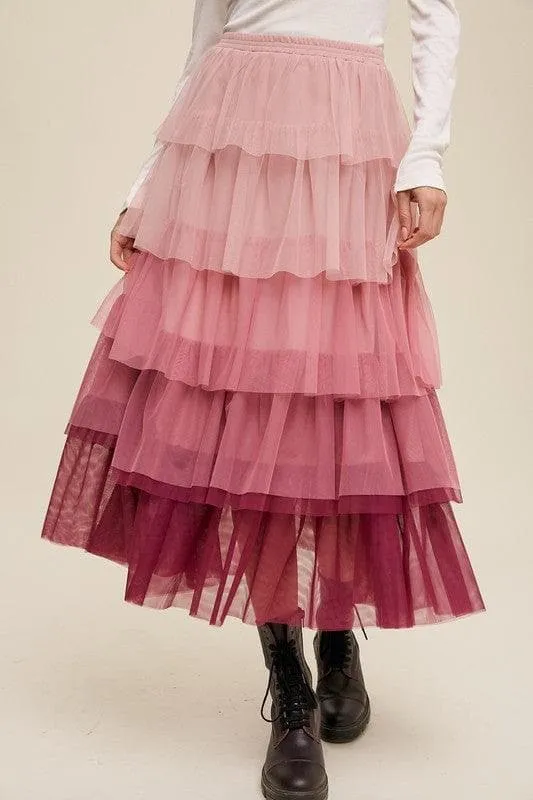 LISTICLE Gradient Style Tiered Mesh Maxi Skirt Magenta