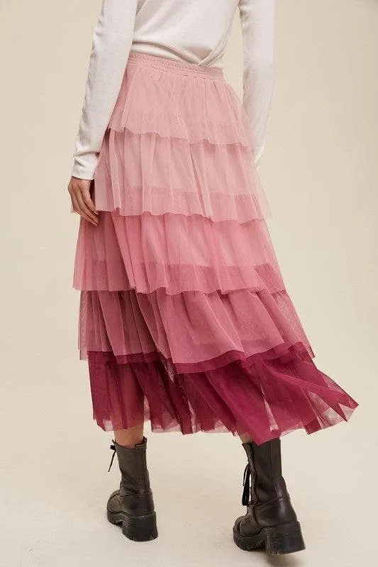 LISTICLE Gradient Style Tiered Mesh Maxi Skirt Magenta