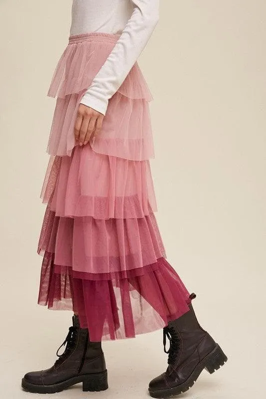 LISTICLE Gradient Style Tiered Mesh Maxi Skirt Magenta