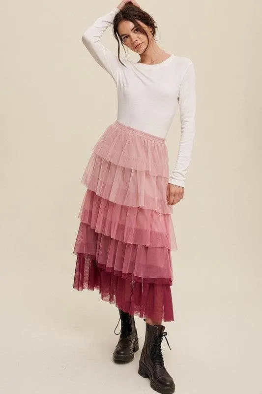 LISTICLE Gradient Style Tiered Mesh Maxi Skirt Magenta