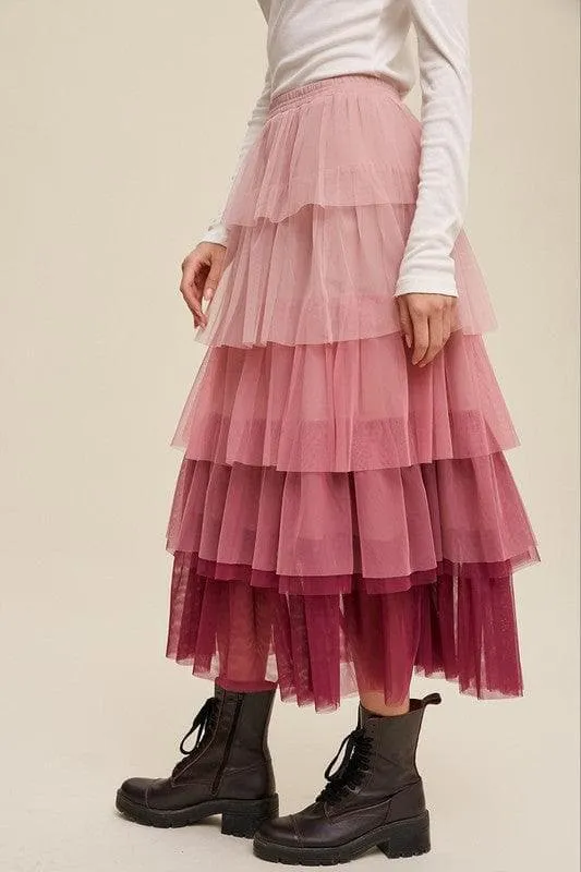 LISTICLE Gradient Style Tiered Mesh Maxi Skirt Magenta