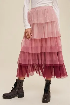 LISTICLE Gradient Style Tiered Mesh Maxi Skirt Magenta