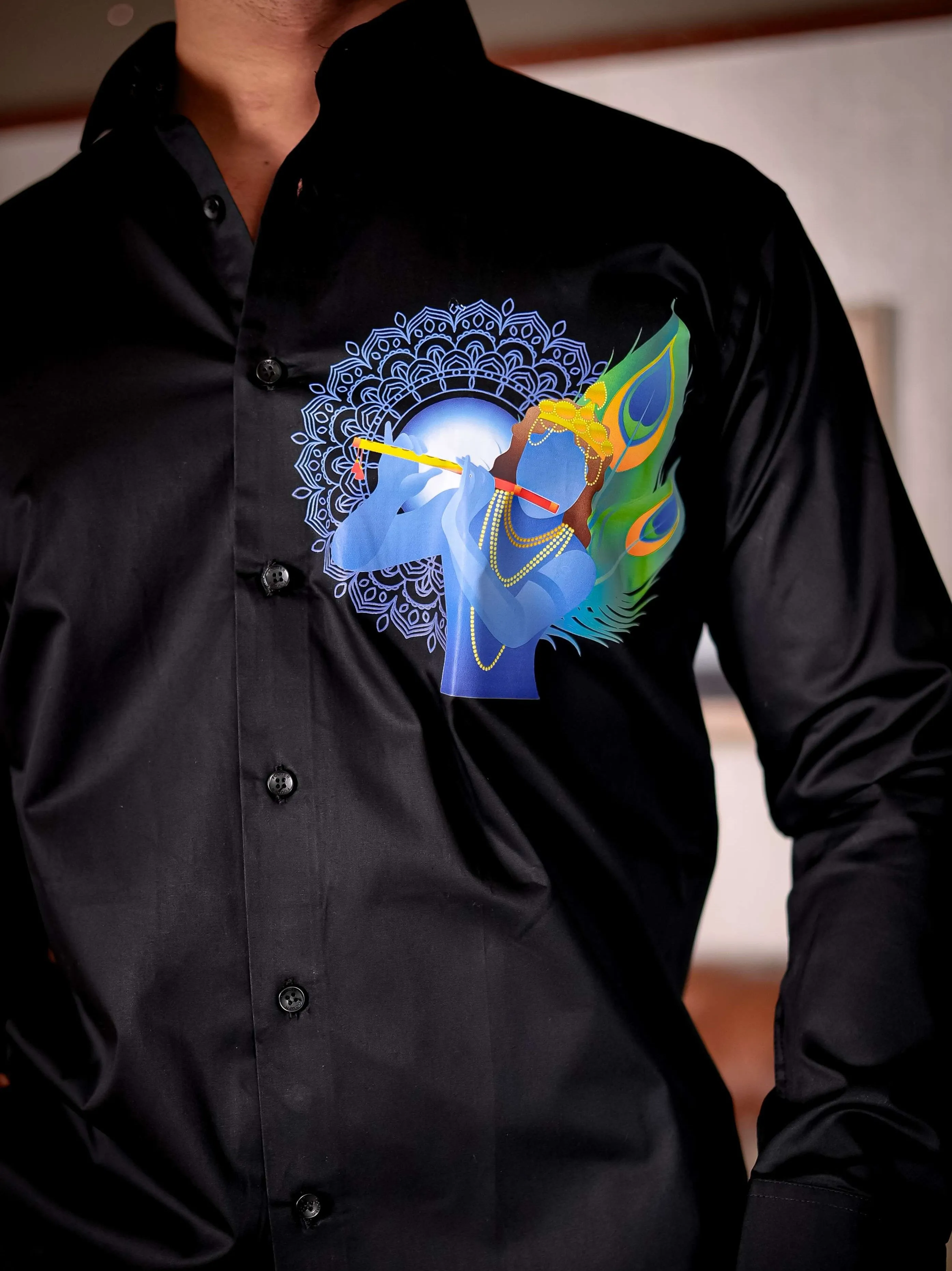 Lord Krishna Black Club Wear Printed Satin Cotton Shirt