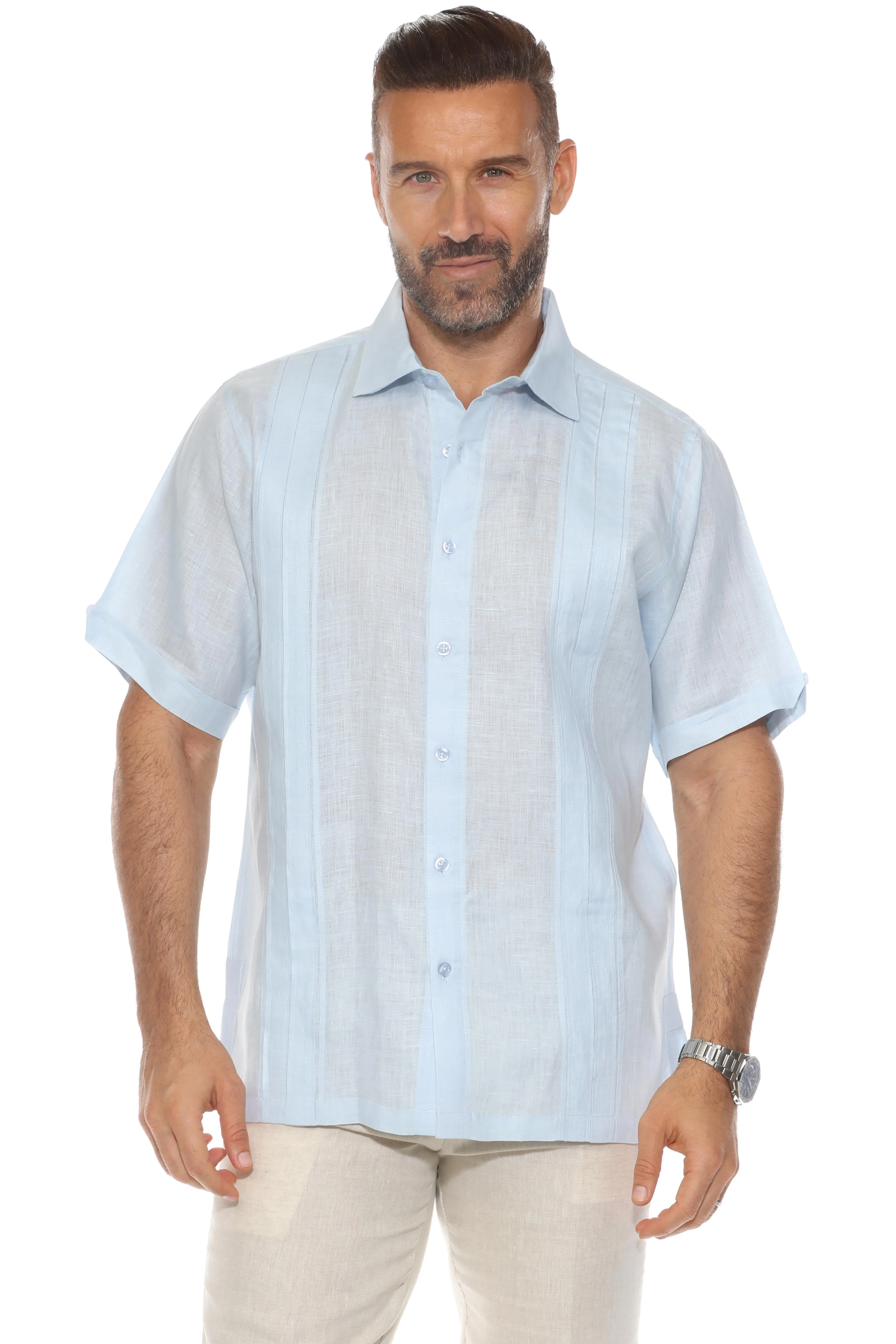 Men's 100% Linen Resort Shirt Short Sleeve with Pin Tuck Accent