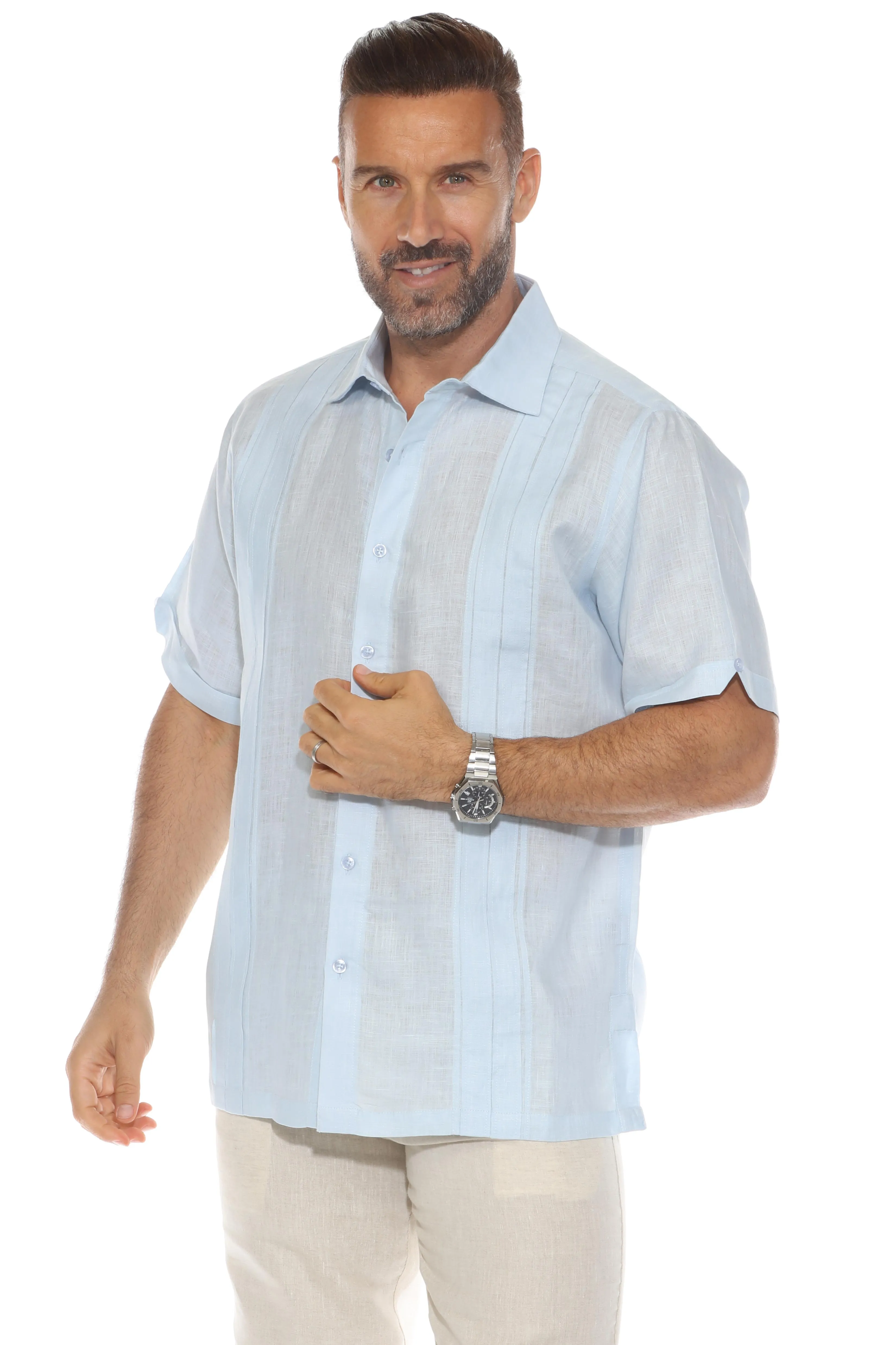 Men's 100% Linen Resort Shirt Short Sleeve with Pin Tuck Accent