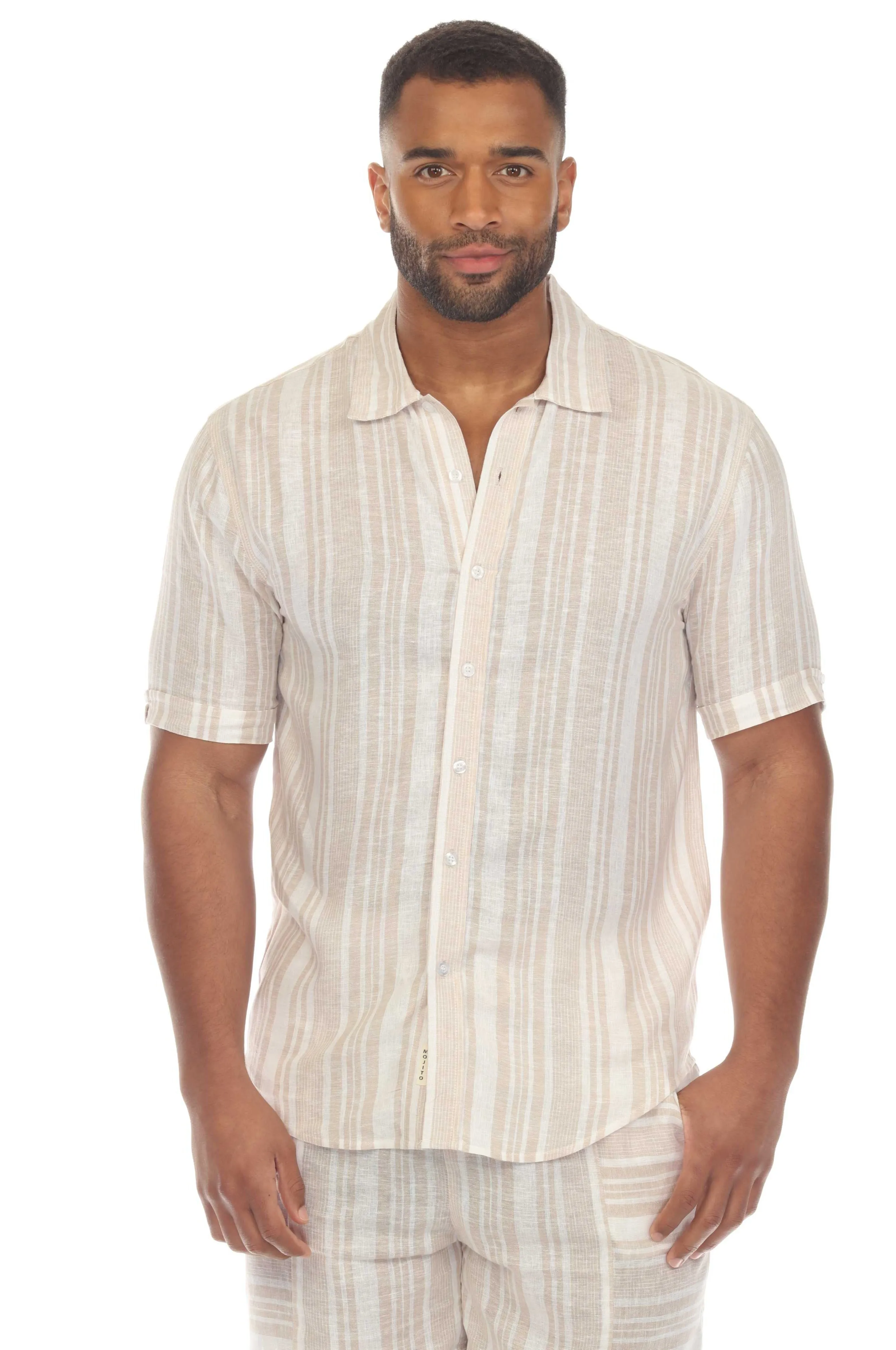 Mojito Men's Causal Beach Resort Wear Shirt with Pinstripe Print Linen Blend Short Sleeve Button Down