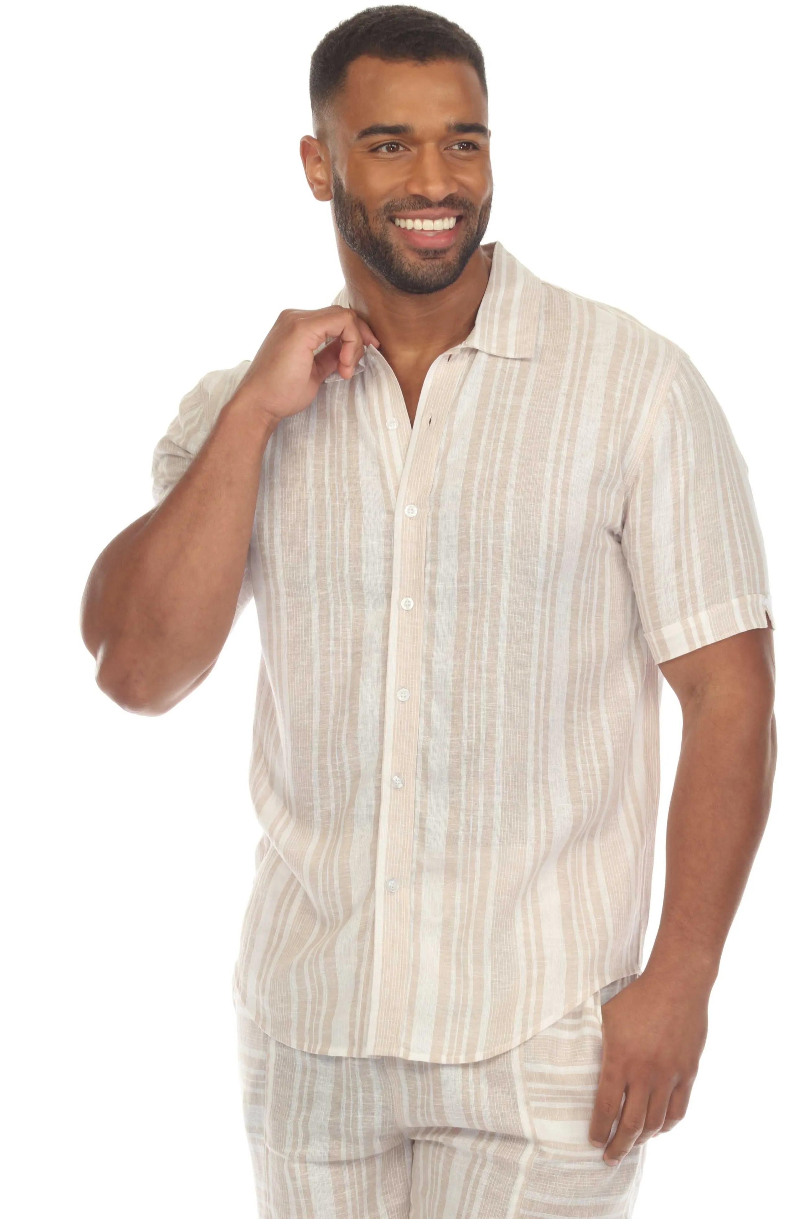 Mojito Men's Causal Beach Resort Wear Shirt with Pinstripe Print Linen Blend Short Sleeve Button Down