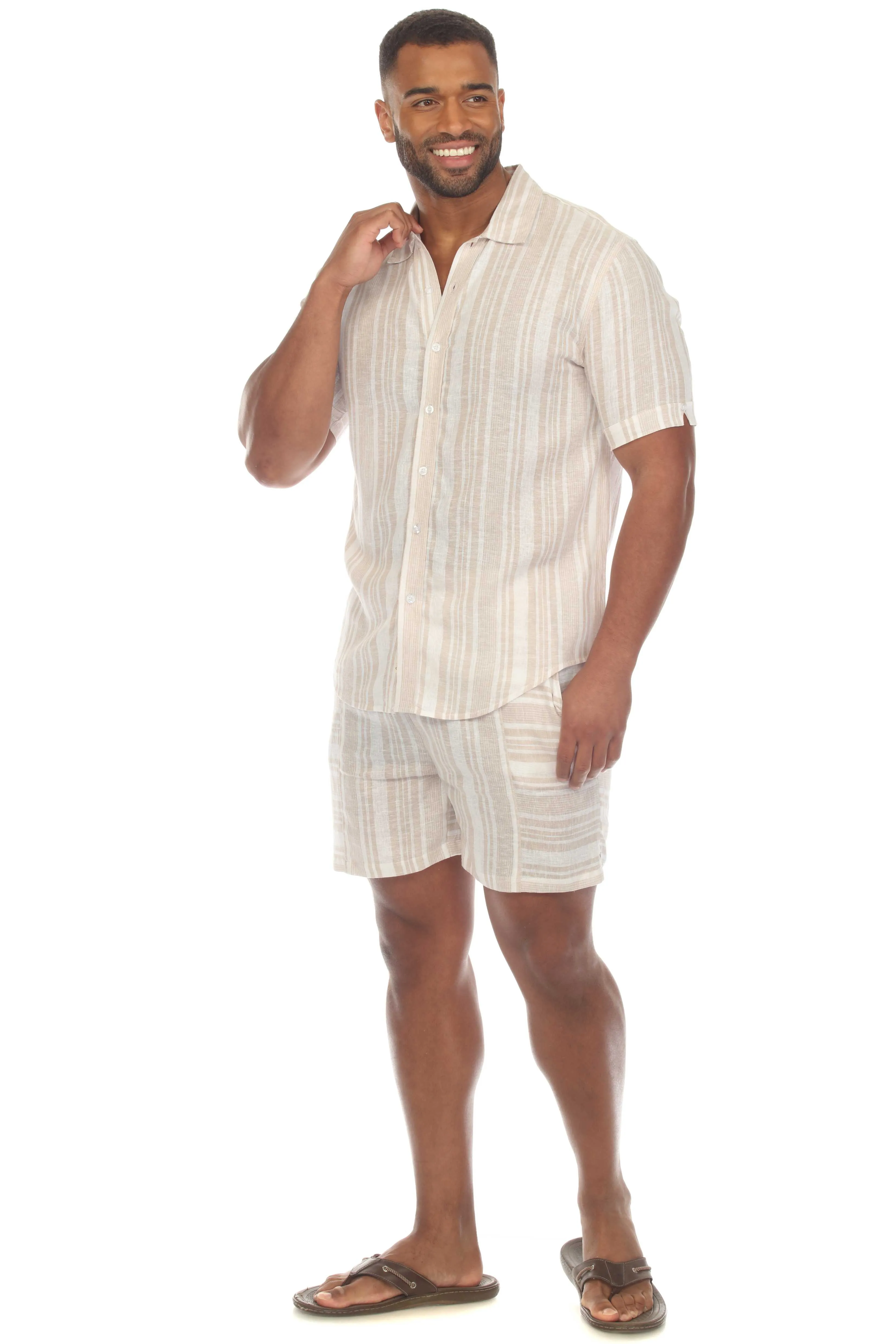 Mojito Men's Causal Beach Resort Wear Shirt with Pinstripe Print Linen Blend Short Sleeve Button Down