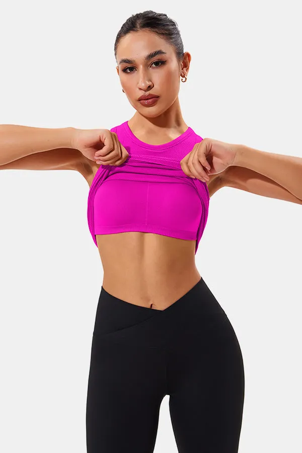 Neon Pink High Neck Full Back Seamless Tight Fit Ribbed Tank Top
