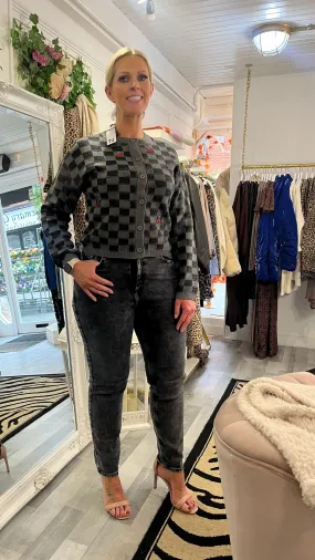 NM CHERRY LS KNIT CARDI - CHARCOAL/CHERRY EMB