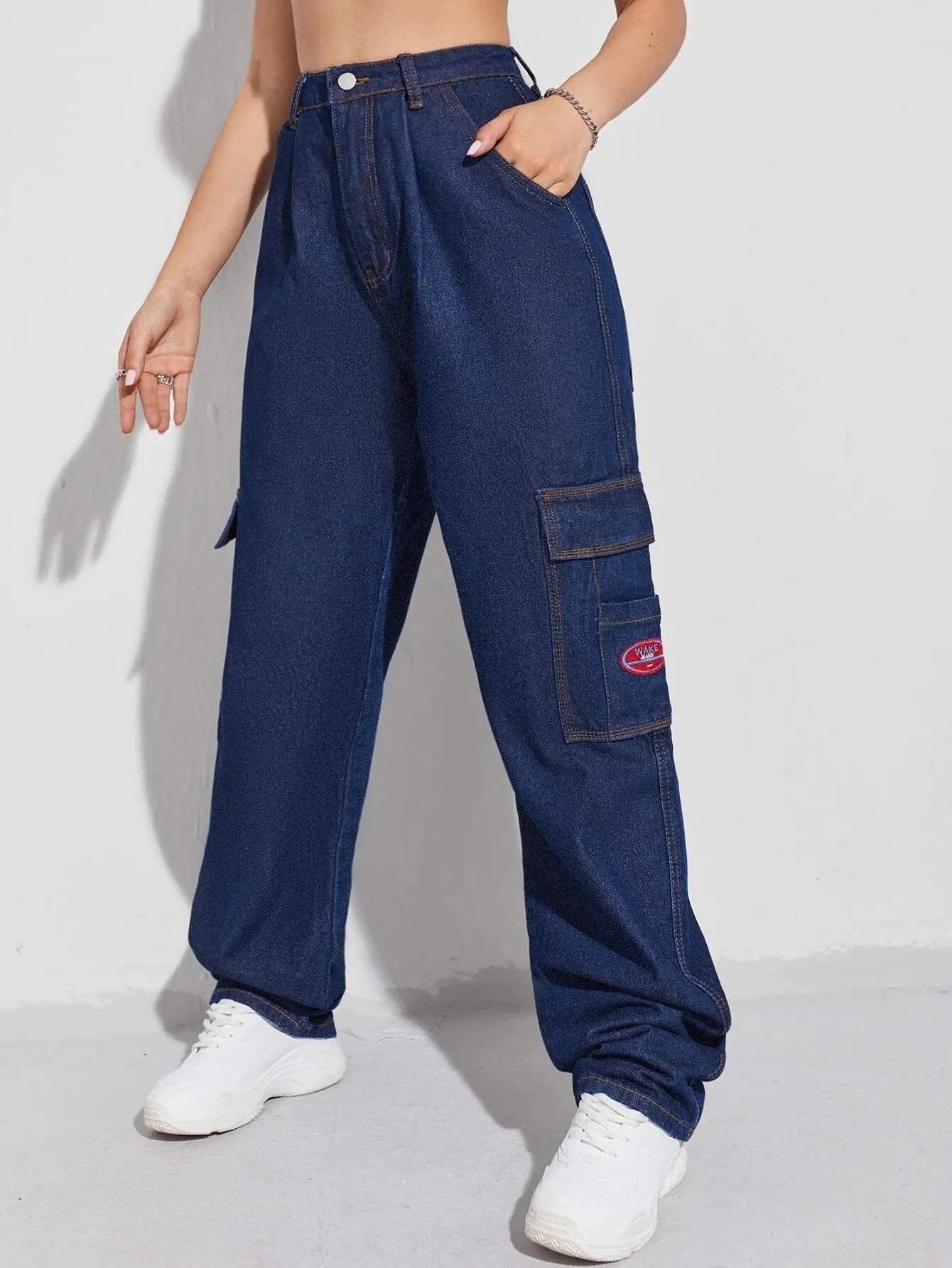 Patched Detail Flap Pocket Wide Leg Jeans