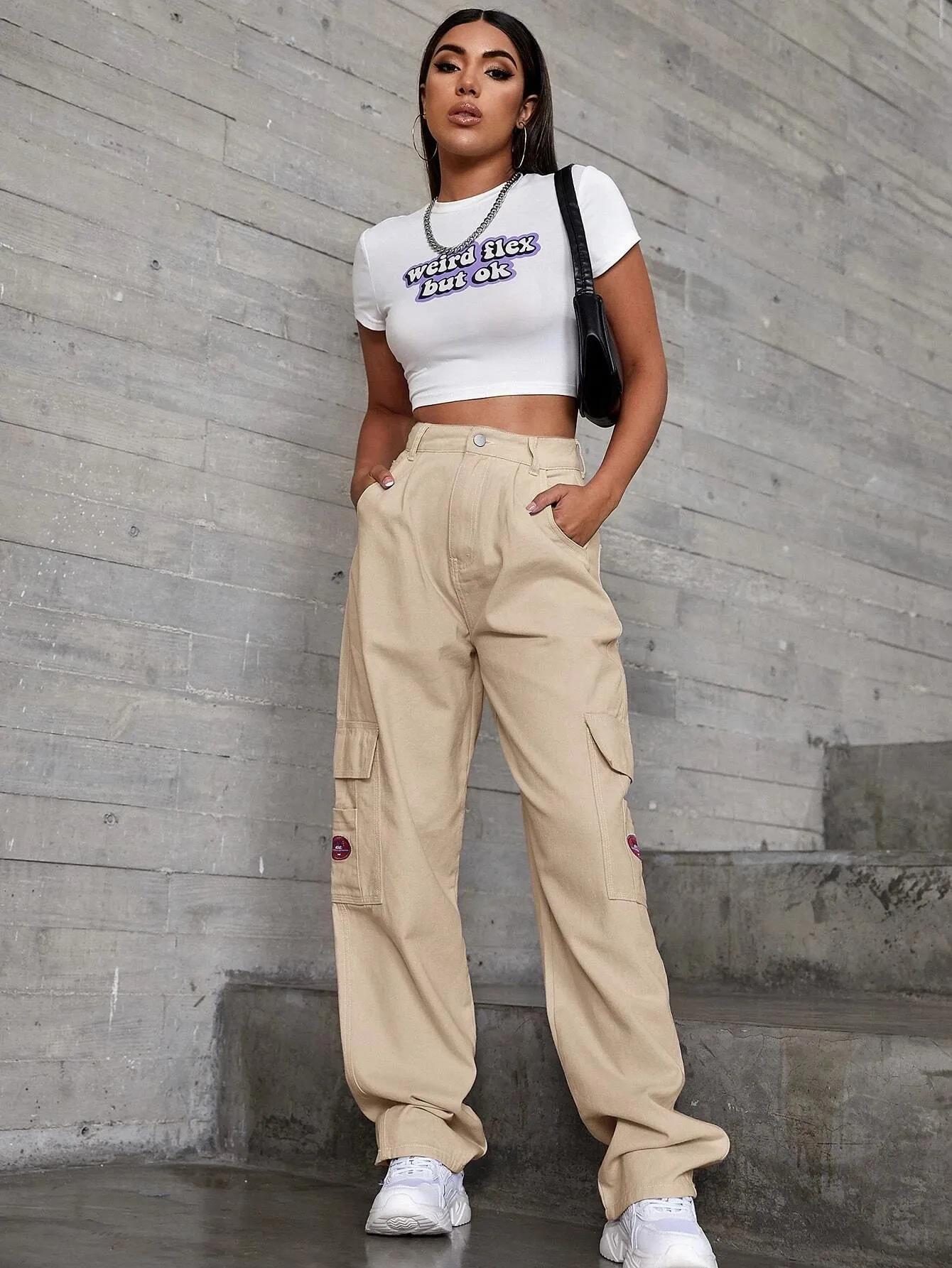 Patched Detail Flap Pocket Wide Leg Jeans