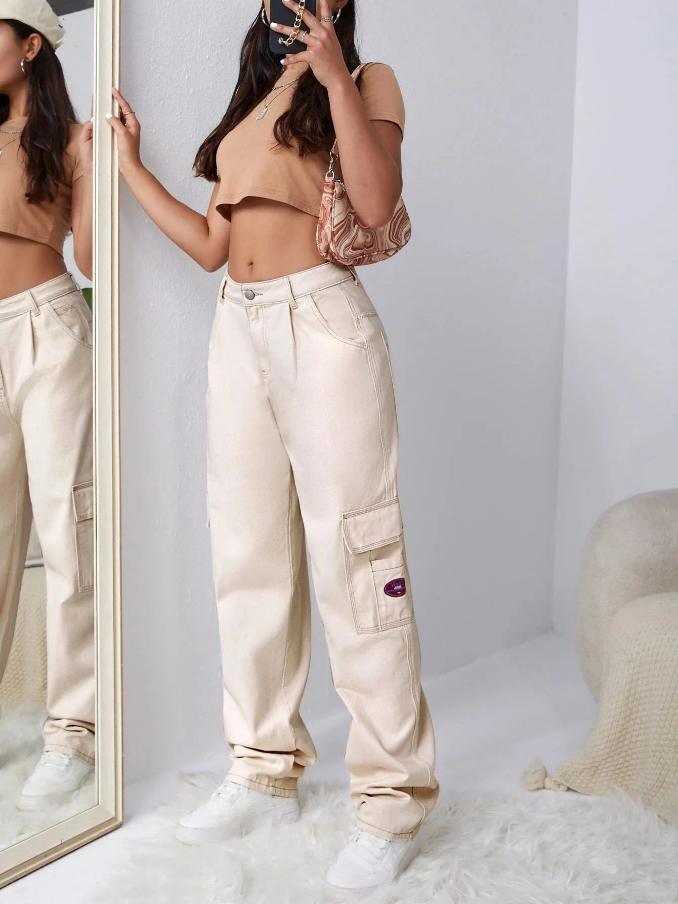 Patched Detail Flap Pocket Wide Leg Jeans