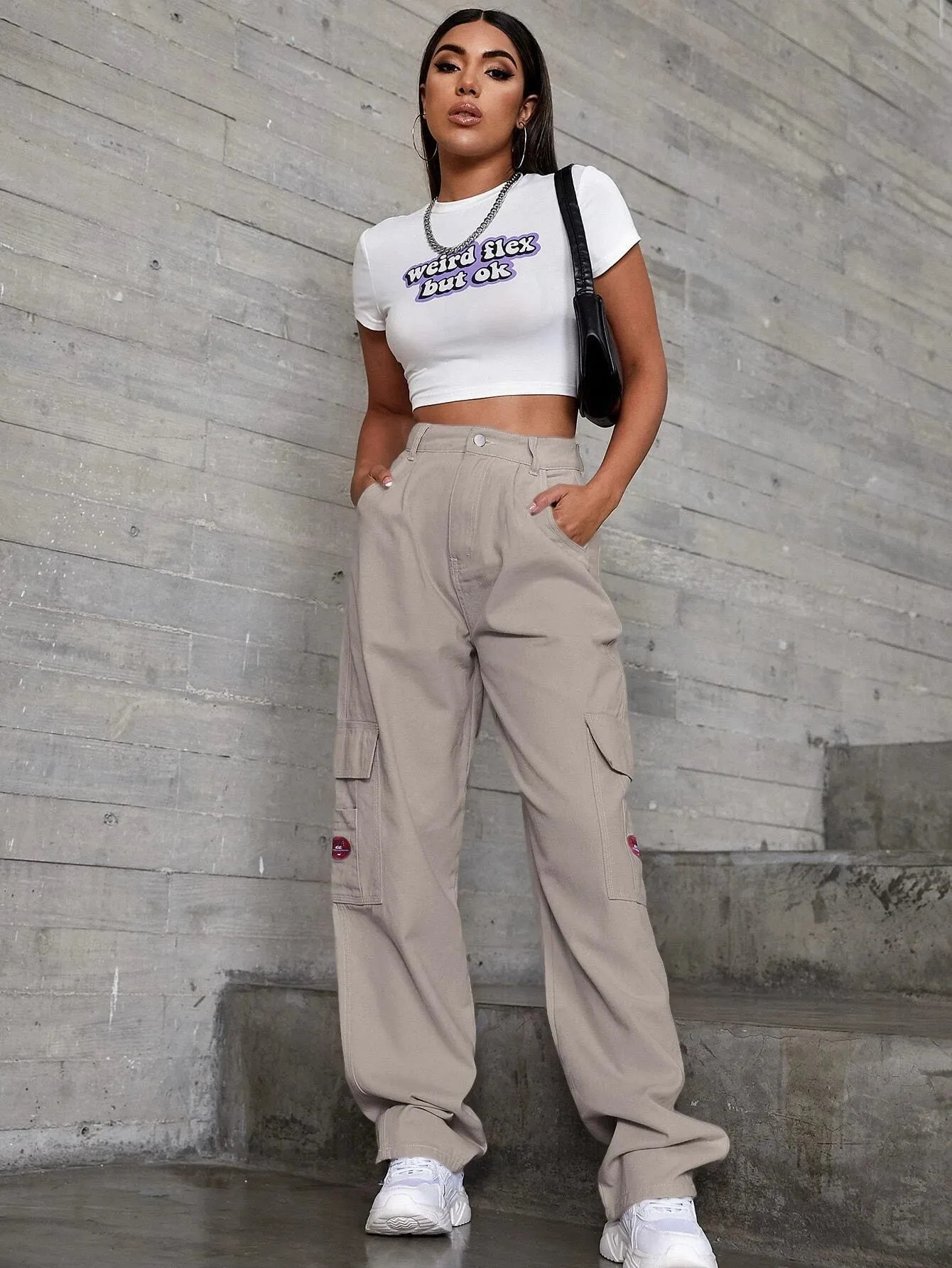 Patched Detail Flap Pocket Wide Leg Jeans