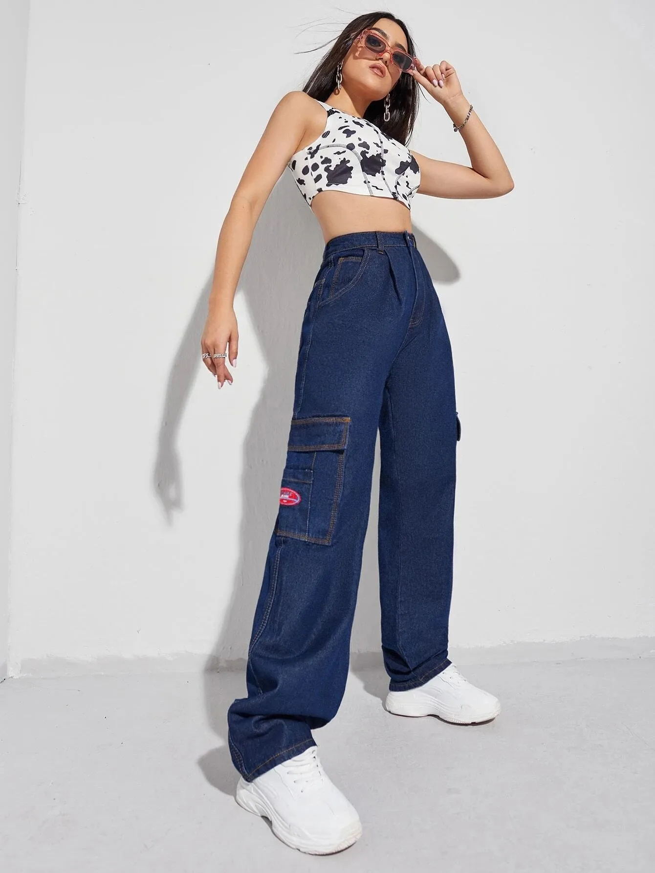 Patched Detail Flap Pocket Wide Leg Jeans
