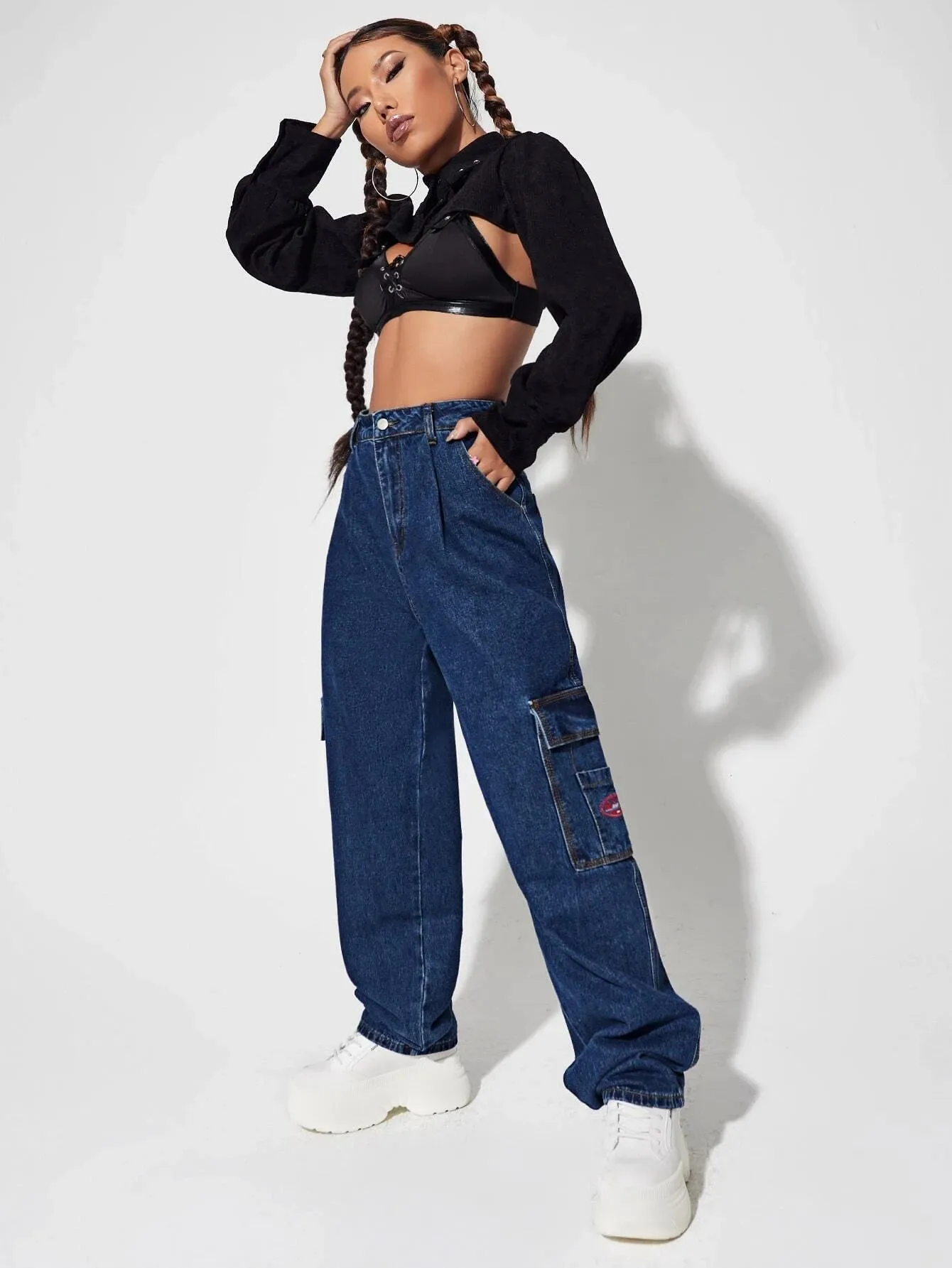 Patched Detail Flap Pocket Wide Leg Jeans
