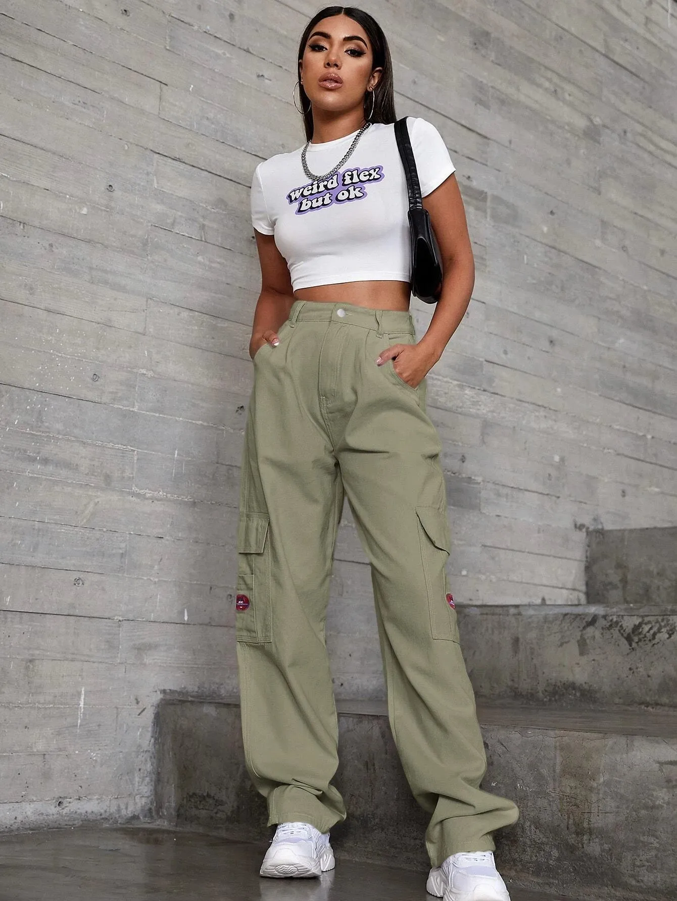 Patched Detail Flap Pocket Wide Leg Jeans
