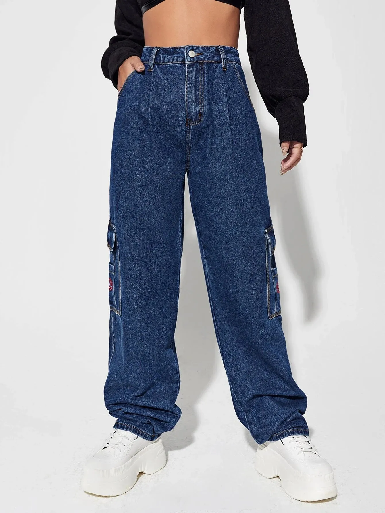 Patched Detail Flap Pocket Wide Leg Jeans