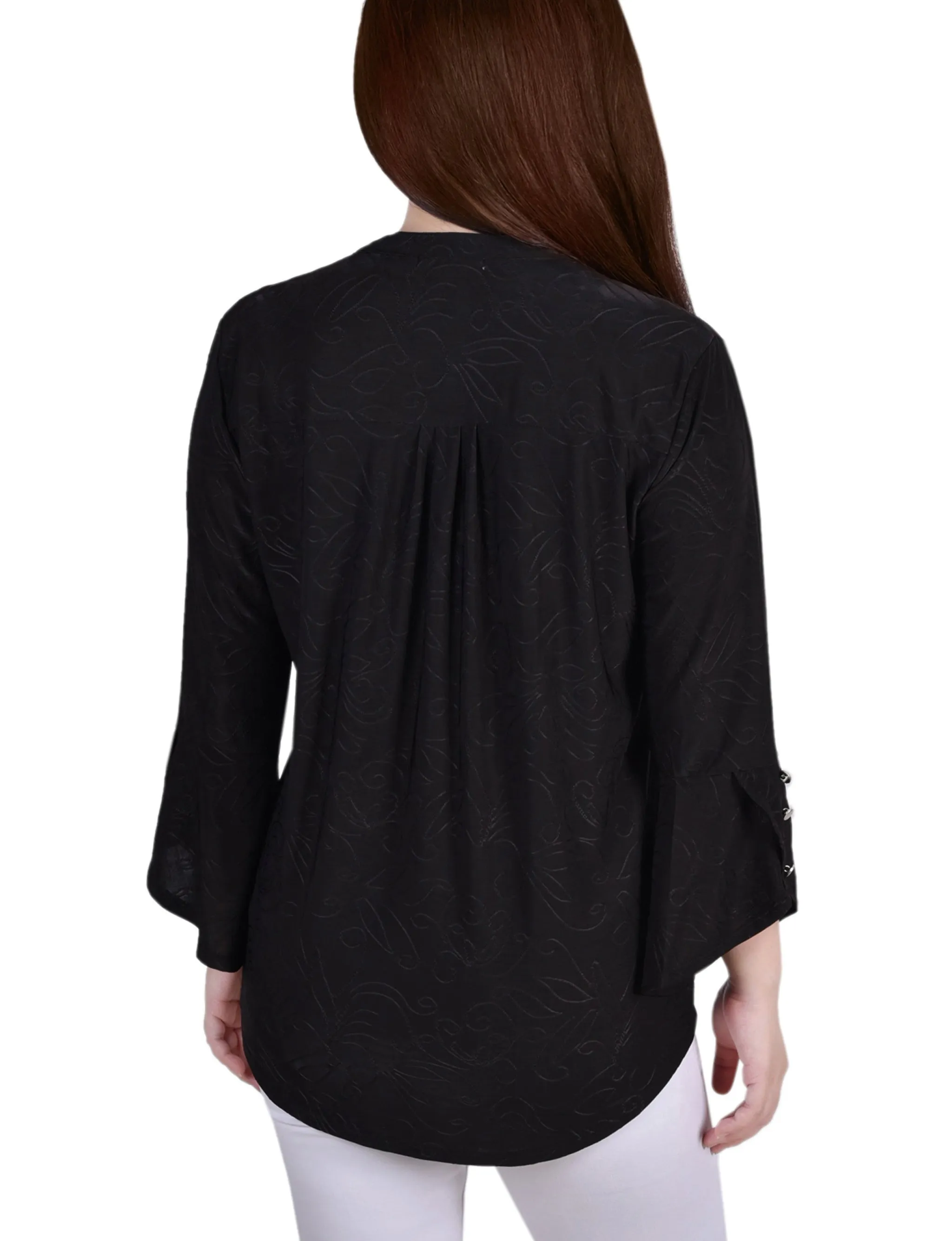 Petite 3/4 Sleeve Overlapped Bell Sleeve Y Neck Top