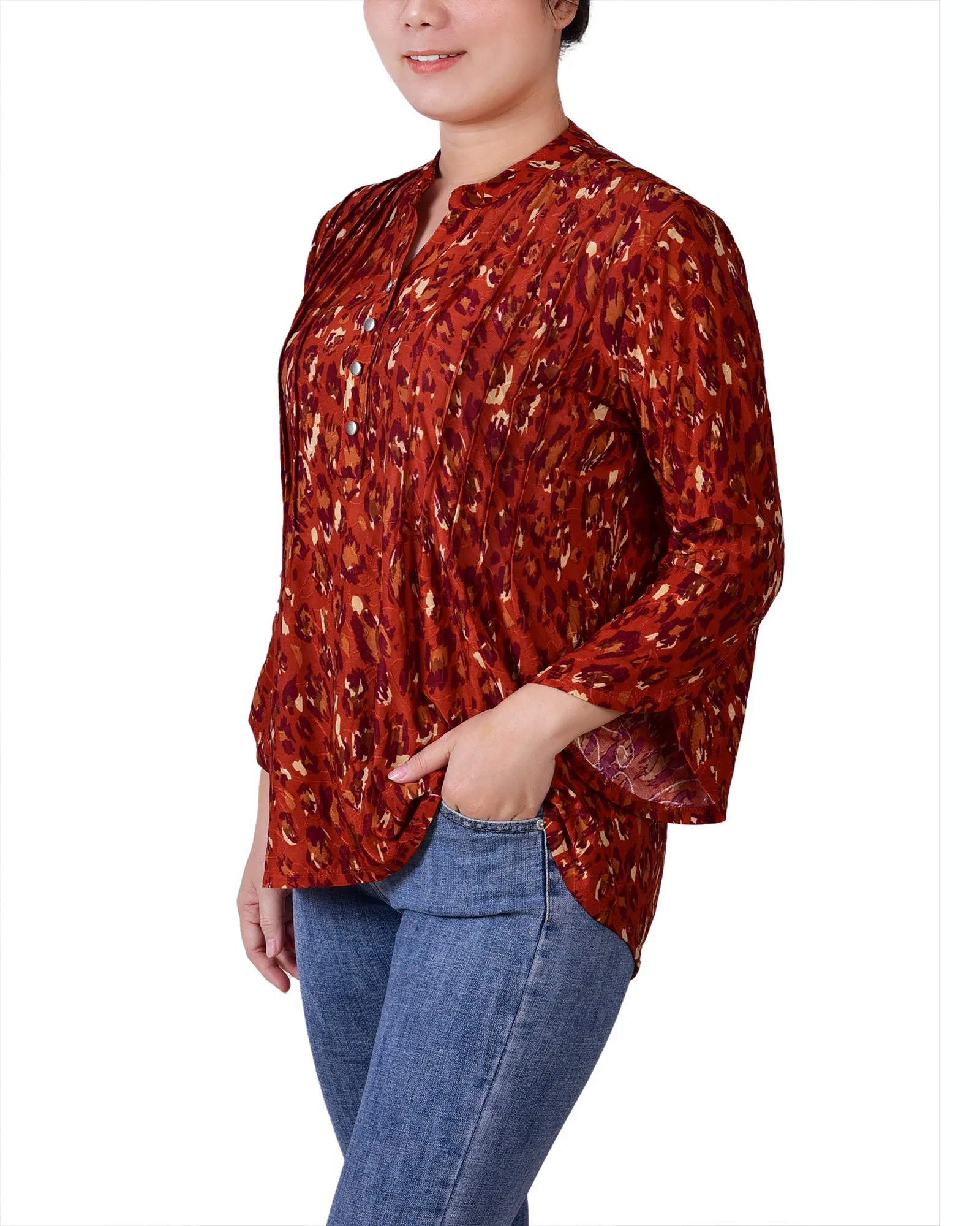 Petite 3/4 Sleeve Overlapped Bell Sleeve Y Neck Top