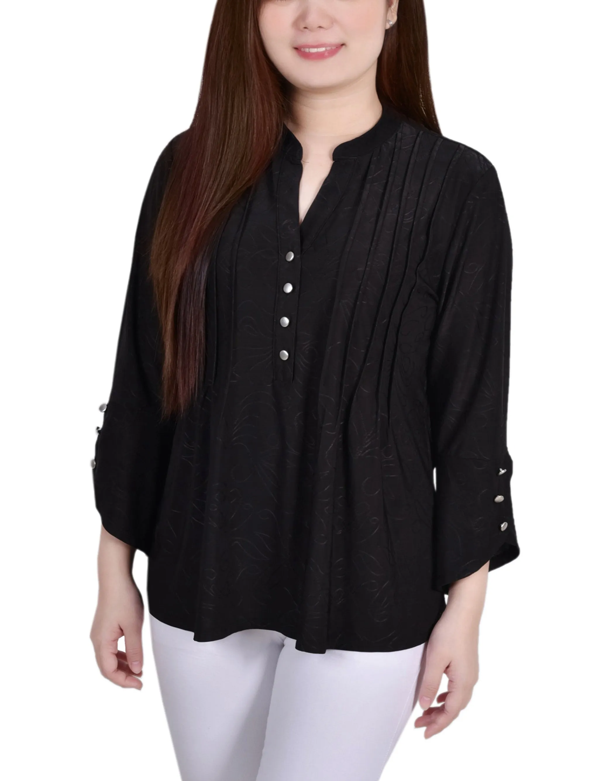 Petite 3/4 Sleeve Overlapped Bell Sleeve Y Neck Top