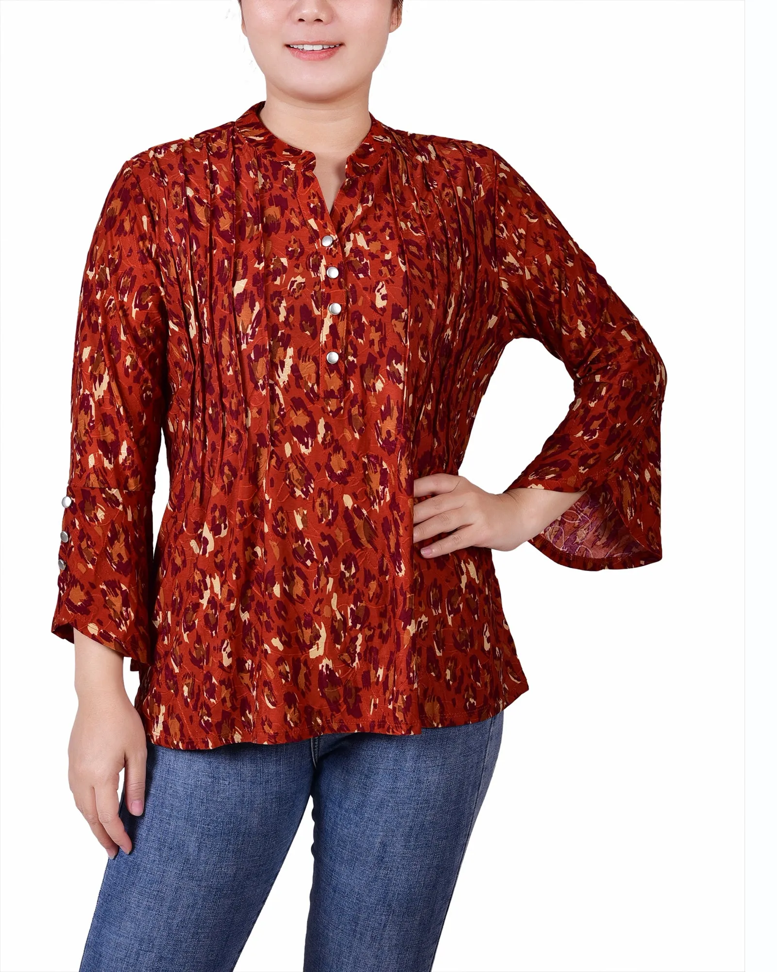 Petite 3/4 Sleeve Overlapped Bell Sleeve Y Neck Top