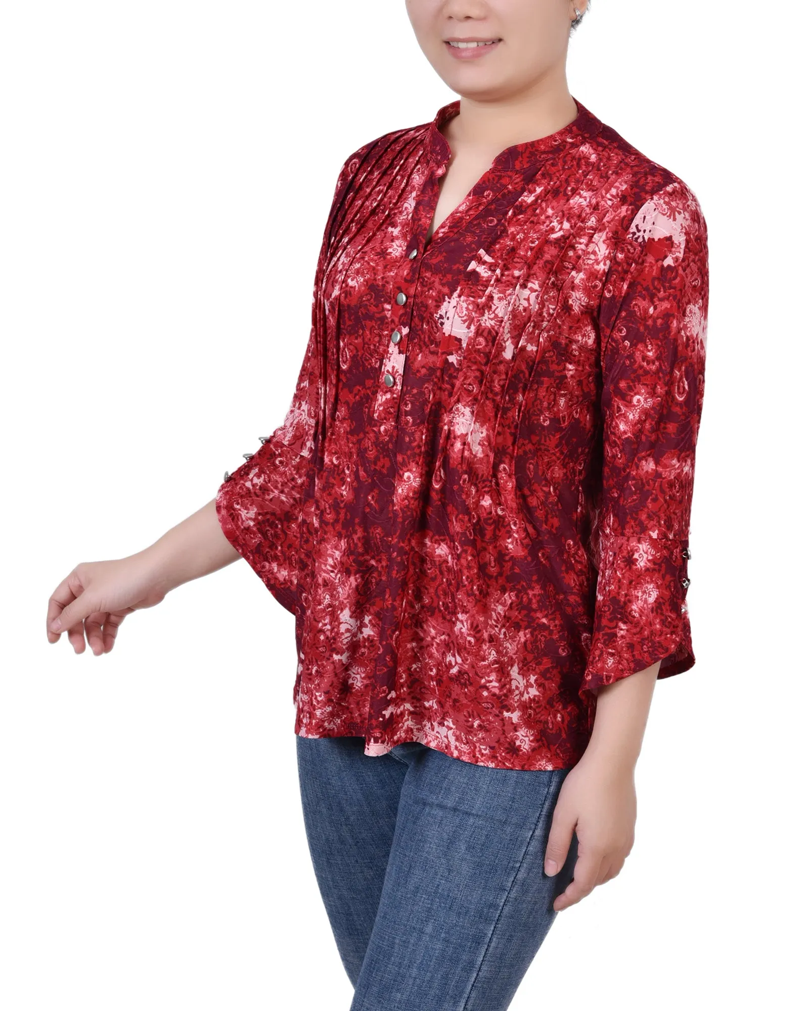 Petite 3/4 Sleeve Overlapped Bell Sleeve Y Neck Top