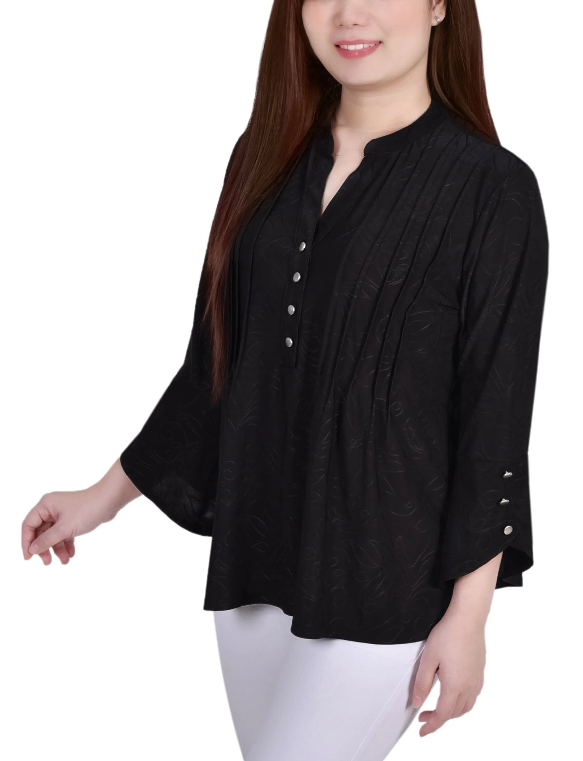 Petite 3/4 Sleeve Overlapped Bell Sleeve Y Neck Top