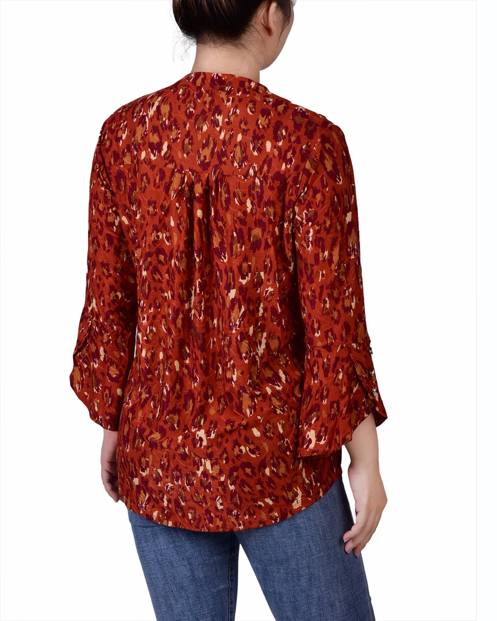 Petite 3/4 Sleeve Overlapped Bell Sleeve Y Neck Top