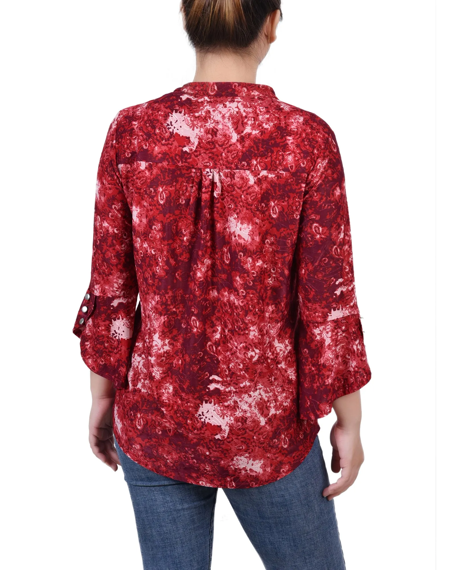 Petite 3/4 Sleeve Overlapped Bell Sleeve Y Neck Top