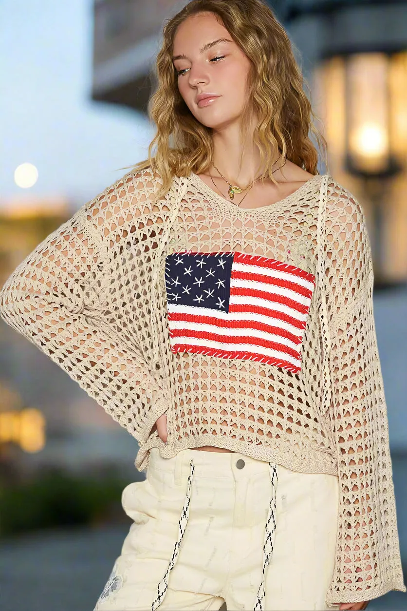 POL V-Neck Long Sleeve Regular Fit American Flag Stitch Crochet Pullover Hoodie