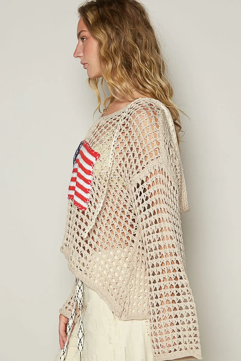 POL V-Neck Long Sleeve Regular Fit American Flag Stitch Crochet Pullover Hoodie