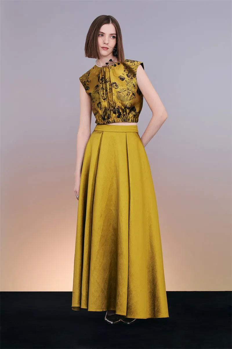 PURITY  Elegant Luxury Vintage gold jacquard sleeveless top and maxi skirt set- Proudy