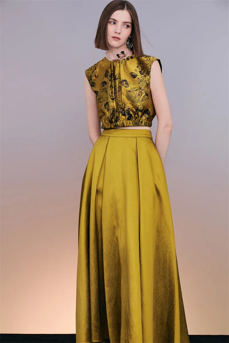 PURITY  Elegant Luxury Vintage gold jacquard sleeveless top and maxi skirt set- Proudy