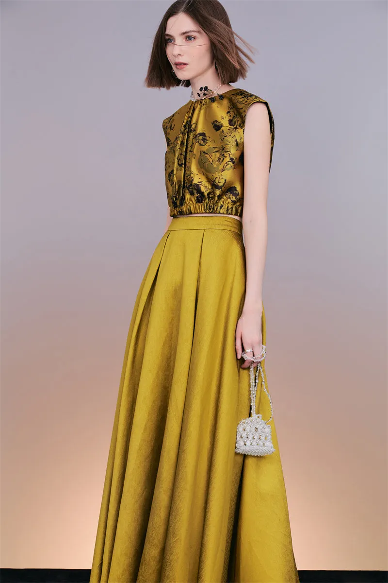 PURITY  Elegant Luxury Vintage gold jacquard sleeveless top and maxi skirt set- Proudy